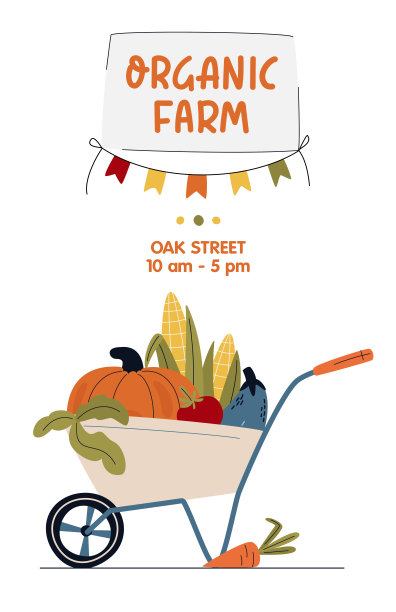 有机农场横幅，海报模板。带时令蔬菜和手写标志的花园手推车。吃当地的概念。从当地农贸市场购买新鲜的有机产品图片下载