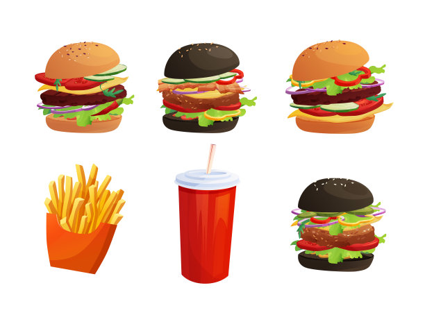 美味的汉堡，有西红柿，芝士，黄瓜，肉，洋葱，番茄酱和沙拉。红盒子里的炸土豆。软饮杯。快餐,垃圾。与芝麻包。卡通矢量插图。图片下载