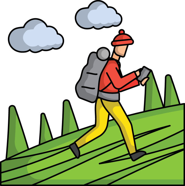 徒步旅行矢量图标设计，旅行和旅游符号，假期和假期标志，发现和探索股票，长横穿国家充满活力的步行插图，徒步旅行者或背包客概念图片下载