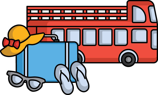 敞篷旅游巴士与帽子矢量颜色图标设计，旅游和旅游符号，假日和度假标志，发现和探索股票插图，城市观光概念图片下载