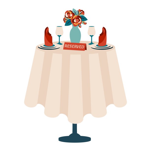 美丽的浪漫晚餐。浪漫的设置。二人桌，白色台布，餐具，酒杯，花束，玫瑰，餐巾纸。孤立的矢量卡通插图图片下载