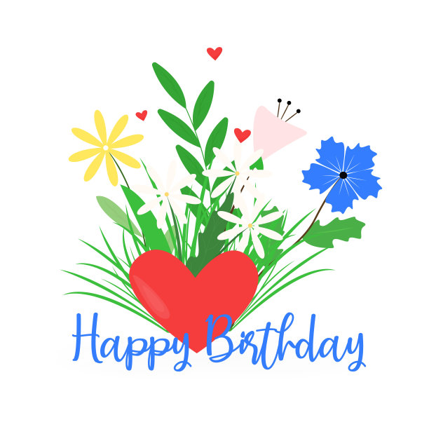 生日贺卡模板。花束与心和文字在白色背景。图片下载