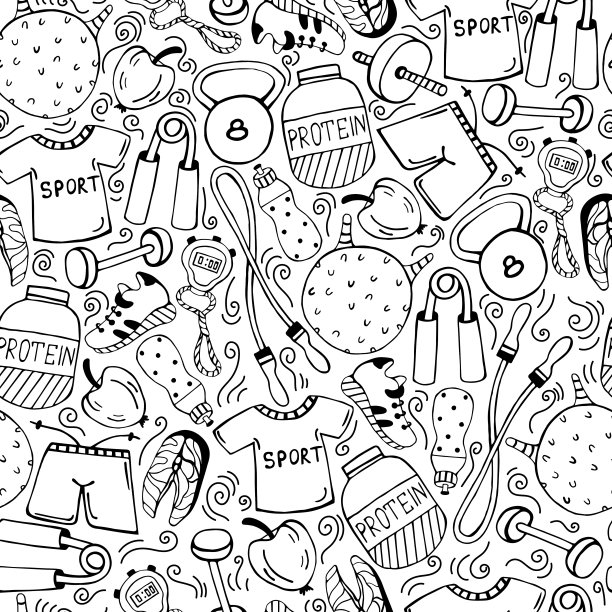 运动器材无缝矢量模式。手绘插图孤立在白色背景上。健身工具，运动服，蛋白质食品。健康的生活方式，黑白素描图片下载