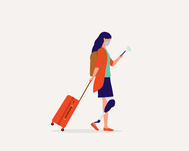 在COVID-19大流行期间，带着假肢旅行的女性。安全的旅行。图片下载