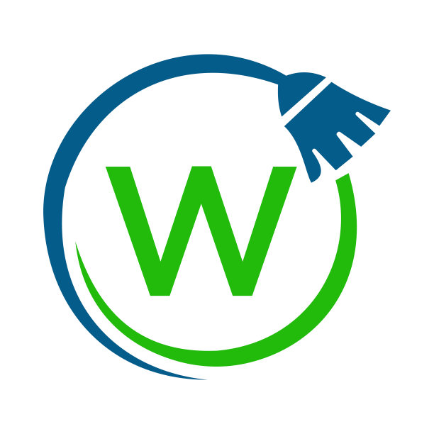 字母W概念上的女佣房清洁标志。女仆标志，清洁刷图标图片下载