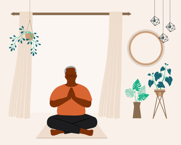 黑人老人在家做瑜伽。图片下载