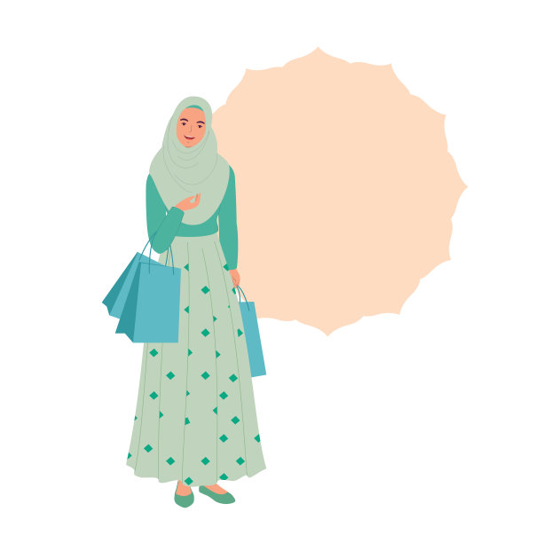 年轻漂亮的穆斯林妇女购物袋。图片下载