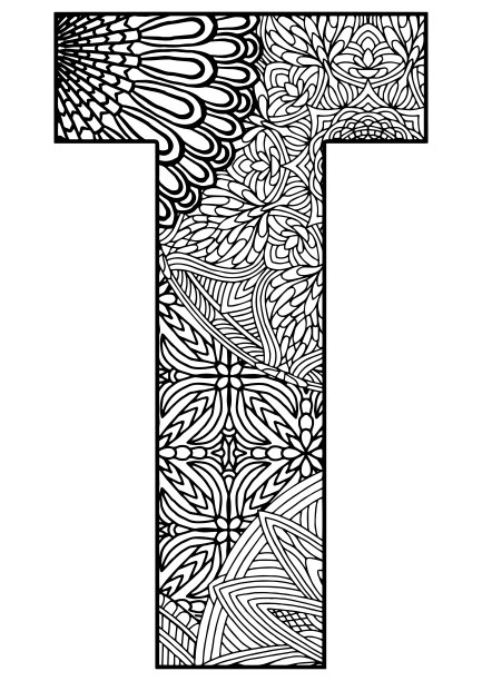 大写字母T装饰曼荼罗和几何图形在白色背景着色，矢量，着色页图片下载