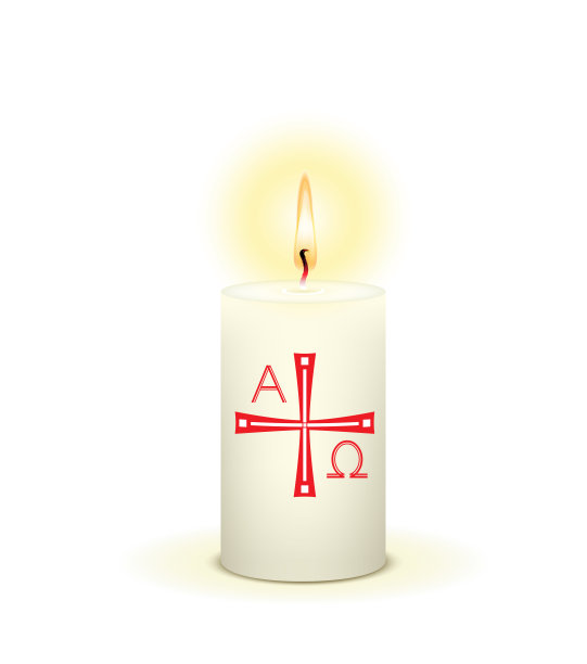 白色的复活节蜡烛燃烧着阿尔法·欧米加符号，
矢量插图孤立在白色背景上图片下载
