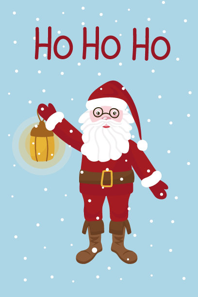 圣诞贺卡上有圣诞老人，穿着传统的衣服，戴着红帽子。他手里拿着一盏灯。雪正在下降。向量。图片下载