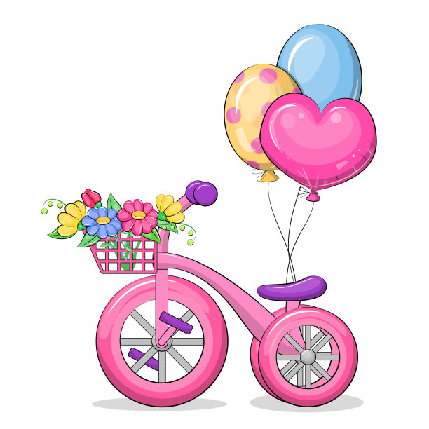 可爱的卡通粉色儿童三轮自行车，上面有气球和花。图片下载