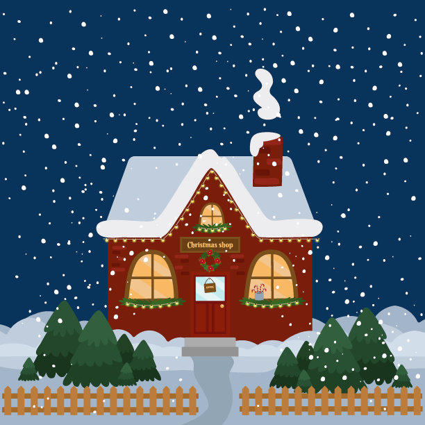 白雪覆盖的街道上，一家圣诞商店摆满了礼物和圣诞树。一种节日问候插画的概念。矢量插图的海报，横幅，网站，销售图片下载