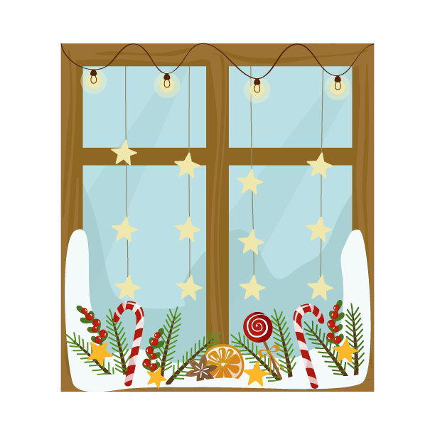 装饰着美丽的圣诞窗。窗台上有木框、花环、球和星星、糖果手杖和冷杉树枝。矢量插图。图片下载