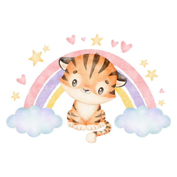 一个可爱的卡通老虎与彩虹孤立在白色背景的插图。可爱的小水彩动物。图片下载