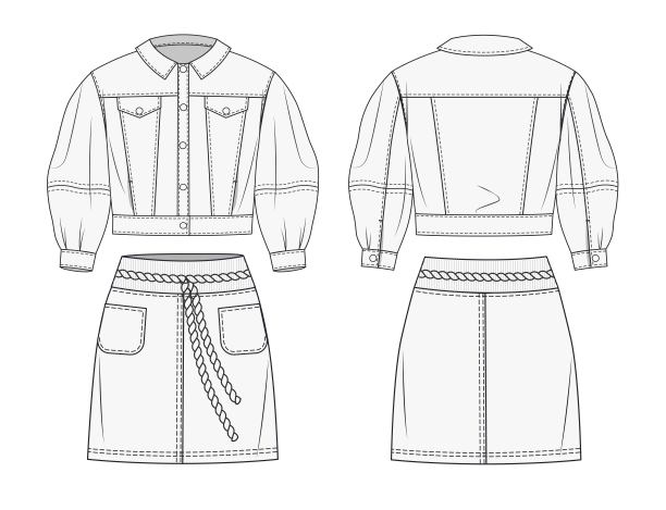 女孩牛仔夹克和裙子时尚平面素描模板。女装短夹克和迷你裙时尚设计。过大的作物夹克和裙子时尚模板集。图片下载