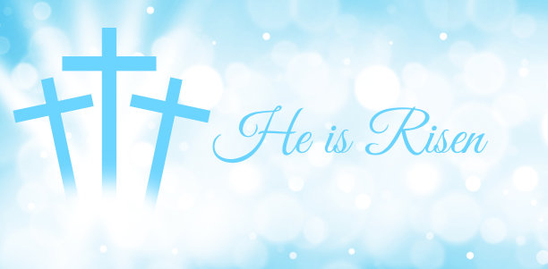 他是复活的，复活节抽象散景背景与发光的蓝色圆圈。宗教活动和节日背景图片下载