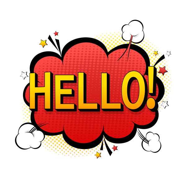 美丽的流行艺术红色字体在彩色的背景。电话图标矢量。波普艺术风格。你好横幅矢量插图图片下载