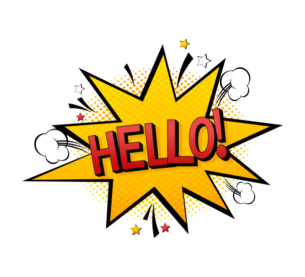 美丽的流行艺术红色字体在彩色的背景。电话图标矢量。波普艺术风格。你好横幅矢量插图图片下载