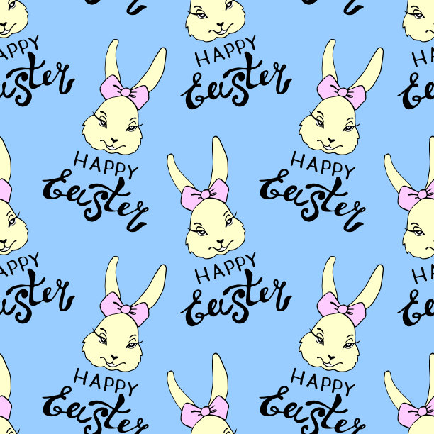 快乐的复活节向量无缝图案与铭文和简单的彩色图画可爱的兔子女孩的脸在平面风格。假日背景和纹理图片下载