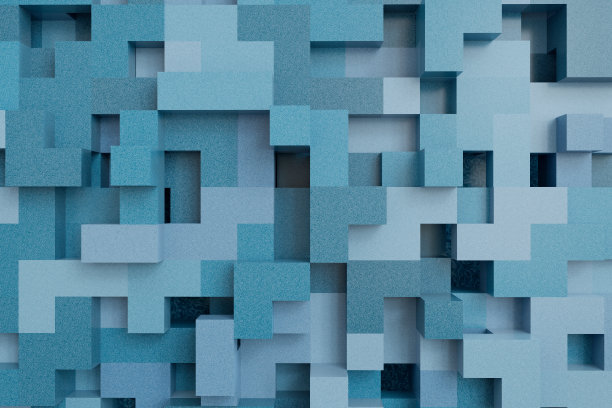 三维渲染彩色抽象几何墙与立方体。背景水平格式与柔和的颜色和偏移元素。来自俄罗斯方块游戏的抽象形状。3 d图像。图片下载