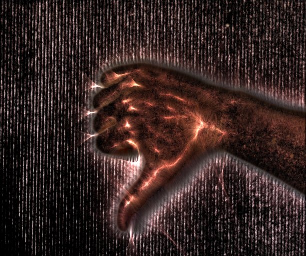 一个发光的人类女性的手与kirlian光环显示不同的符号的3d插图。图片下载