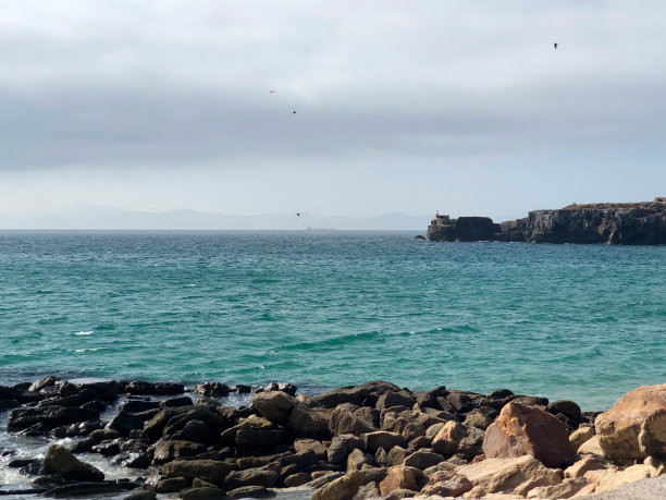 塔里法海岸的照片，蓝色的大海和鸟儿在飞翔，背景是摩洛哥的景色，在一个阳光明媚的日子。图片下载