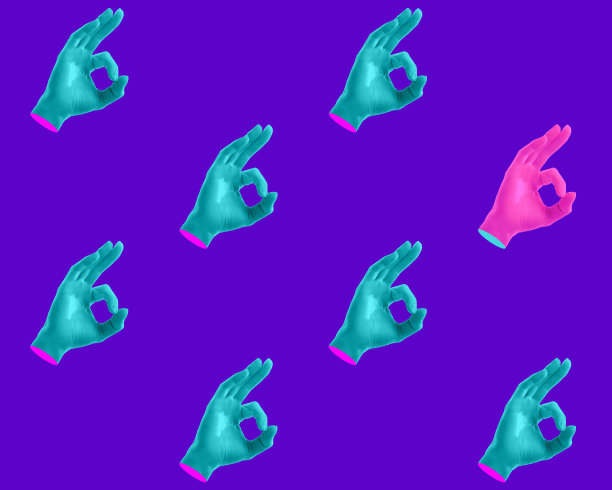 流行艺术风格的现代艺术拼贴画。当代极简艺术作品霓虹灯大胆的颜色与手显示ok标志。迷幻设计模式。图片下载