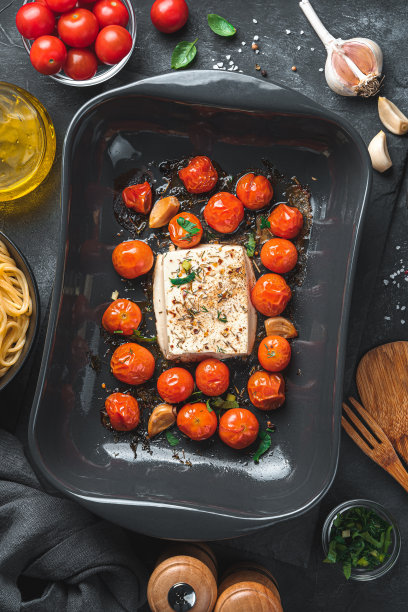 烤羊乳酪，樱桃番茄和香草，放在烤盘里，黑色背景图片下载