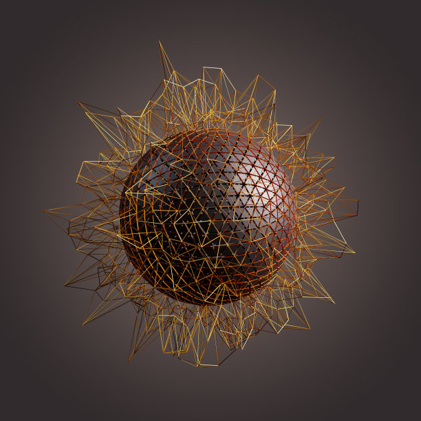 抽象的球体图像周围有尖刺，球体由三角形组成。沟通或复杂性概念。图片下载