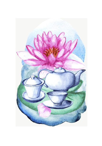 水彩插画日本茶道。茶具。中国传统礼仪茶具。杯子，茶壶和绿叶。水彩樱花盛开，水彩荷花盛开。图片下载