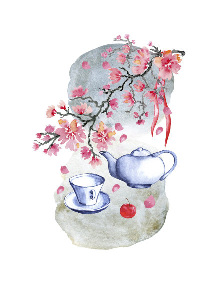 水彩插画日本茶道。茶具。中国传统礼仪茶具。杯子，茶壶和绿叶。水彩樱花盛开，水彩荷花盛开。图片下载