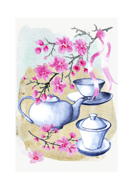 水彩插画日本茶道。茶具。中国传统礼仪茶具。杯子，茶壶和绿叶。水彩樱花盛开，水彩荷花盛开。图片下载