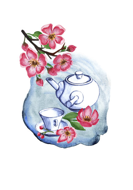 水彩插画日本茶道。茶具。中国传统礼仪茶具。杯子，茶壶和绿叶。水彩樱花盛开，水彩荷花盛开。图片下载