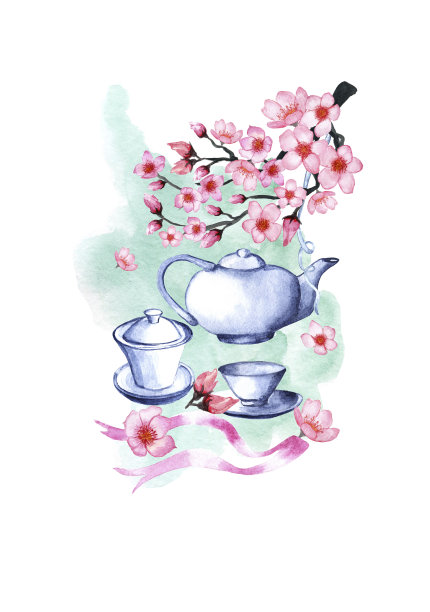 水彩插画日本茶道。茶具。中国传统礼仪茶具。杯子，茶壶和绿叶。水彩樱花盛开，水彩荷花盛开。图片下载