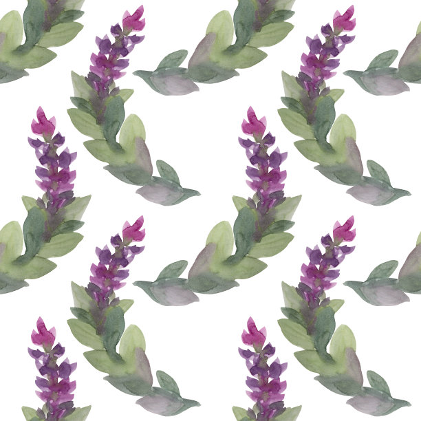 无缝图案水彩抽象树枝花丁香或薰衣草和叶子孤立在白色背景。手绘春夏季植物。艺术婚礼3月8日包装墙纸图片下载