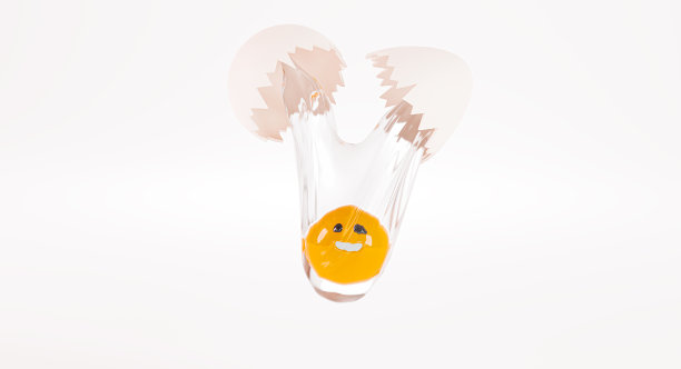 破碎的鸡蛋和漏蛋黄，3d渲染。卡通鸡蛋在空中。白色的背景上有一张有趣的脸的蛋黄图片下载