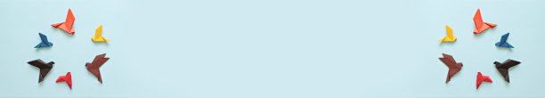 旗帜两组五个不同颜色的纸折纸鸽子在浅蓝色的背景下一只棕色图片下载