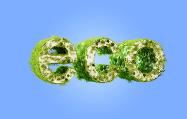 生态上长满了草。“Eco”这个词被草覆盖，3d渲染。生态学的概念图片下载