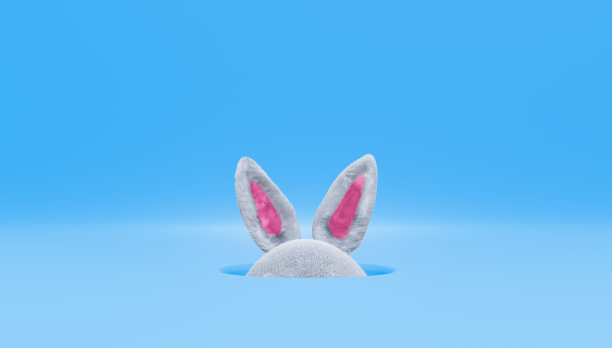 兔子躲在洞里，3d渲染。快乐的复活节横幅，海报，贺卡，复制空间。在蓝色背景上的现实毛茸茸的兔子耳朵。3 d演示。图片下载