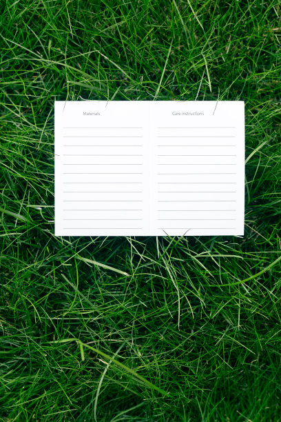 一个白色纸板空白说明的照顾和材料草坪绿草的模型与标签为标志的俯视图图片下载