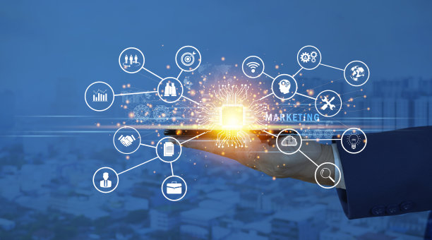 数字在线营销，商人使用平板电脑和分析销售数据图表增长的现代界面图标上的战略图片下载