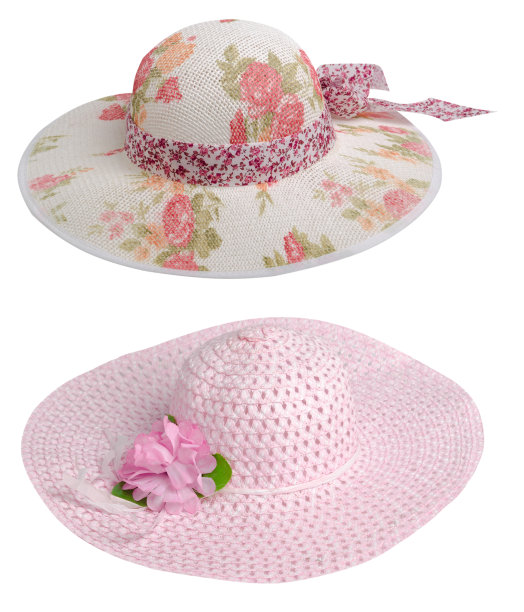 女人的帽子孤立在白色的背景。女人的海滩帽子。色彩鲜艳的帽子图片下载