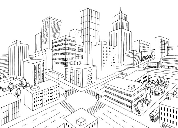 城市俯视图从上方空中十字路口街道图形黑白草图插图矢量图片下载