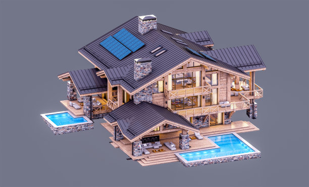 三维渲染的现代舒适的小木屋在晚上孤立的灰色图片下载