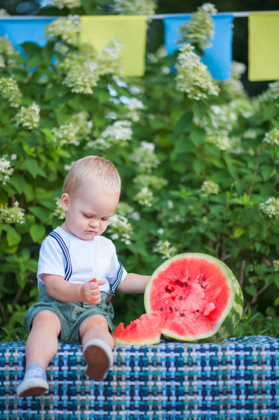 英俊的蹒跚学步的男孩吃多汁的成熟西瓜在夏天的户外。图片下载
