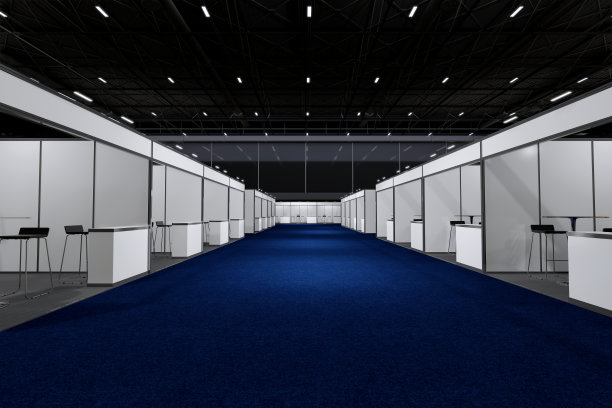 展示架，企业标识，展示设计。空的展台设计。展厅零售展台元素。展位设计贸易展。空白展位系统的图形资源。三维背景在线活动，会议，现场。3 d渲染。图片下载