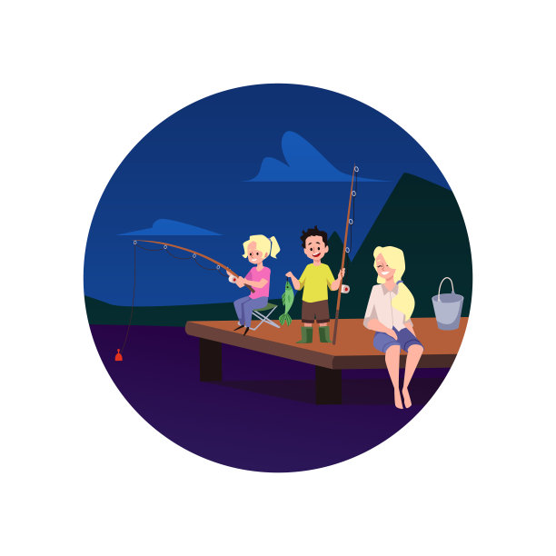 横幅或徽章与家人在夜间钓鱼，平面矢量插图孤立。图片下载