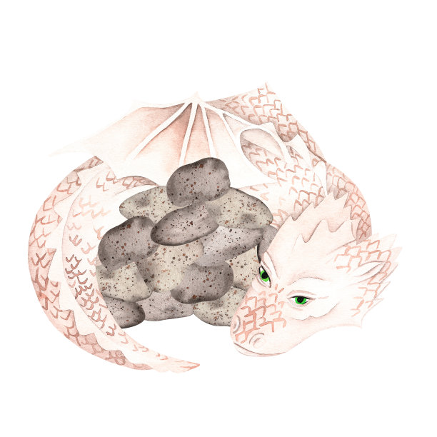 龙睡在石山旁。水彩插图。孤立在一个白色的背景。图片下载