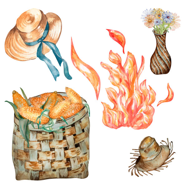 一套象征巴西六月节日水彩插图图片下载