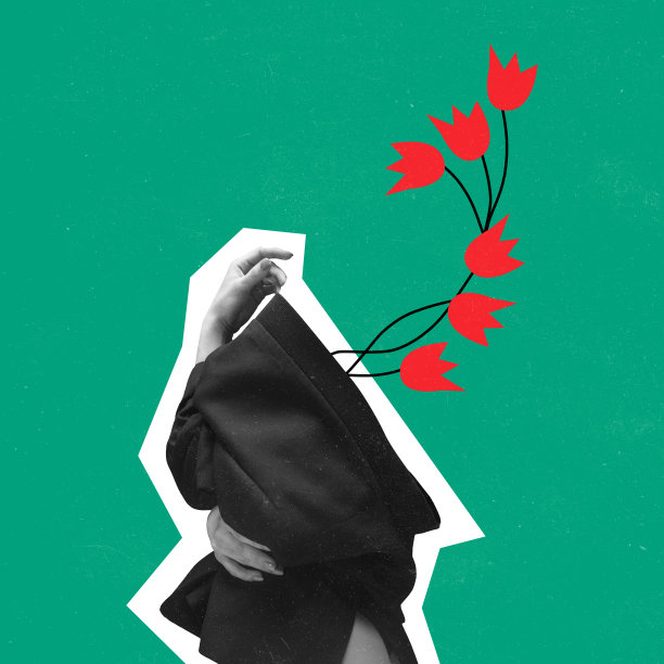 当代艺术拼贴。绝望的女人躲在巨大的夹克后面，花朵出现，象征着新的开始孤立在绿色的背景上图片下载